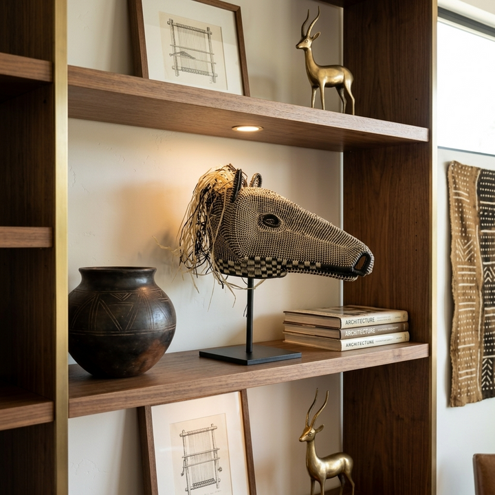 Emberá horse mask styled as wall art in a room setting