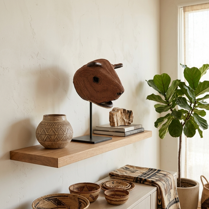Emberá brown bear mask styled as wall art in a room setting