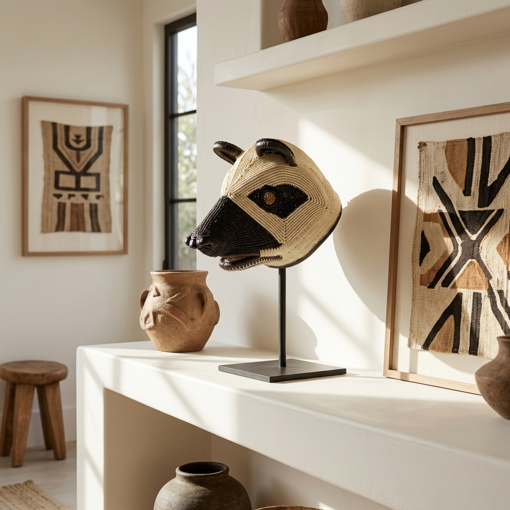 Emberá black and white dog mask styled as wall art in a room setting