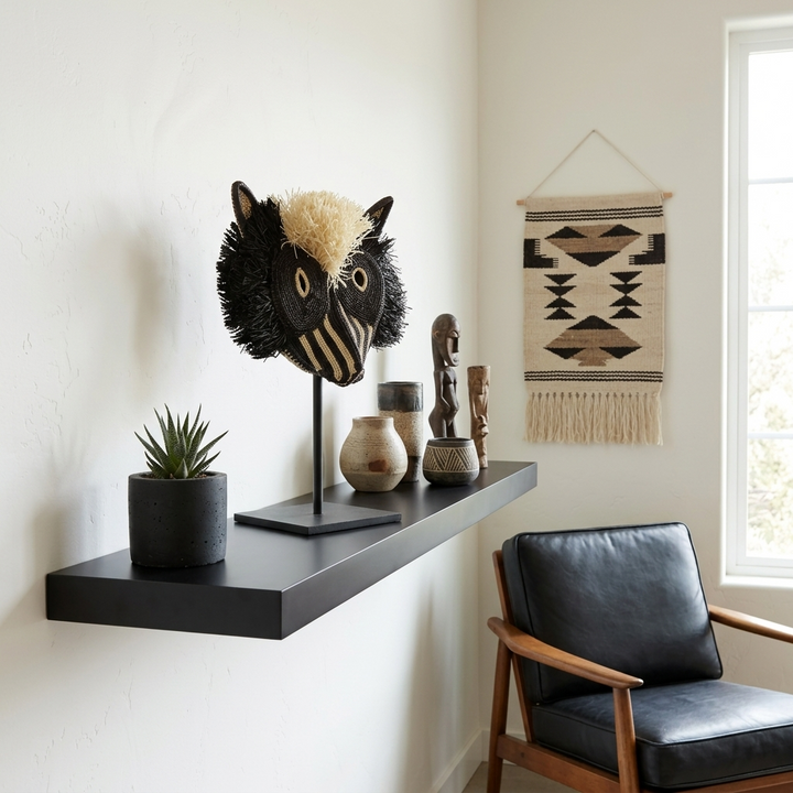 Emberá striped cat mask styled as wall art in a room setting