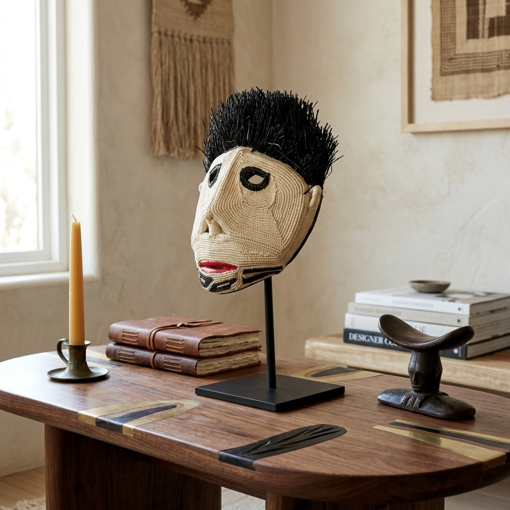 Emberá spirit face mask styled as wall art in a room setting
