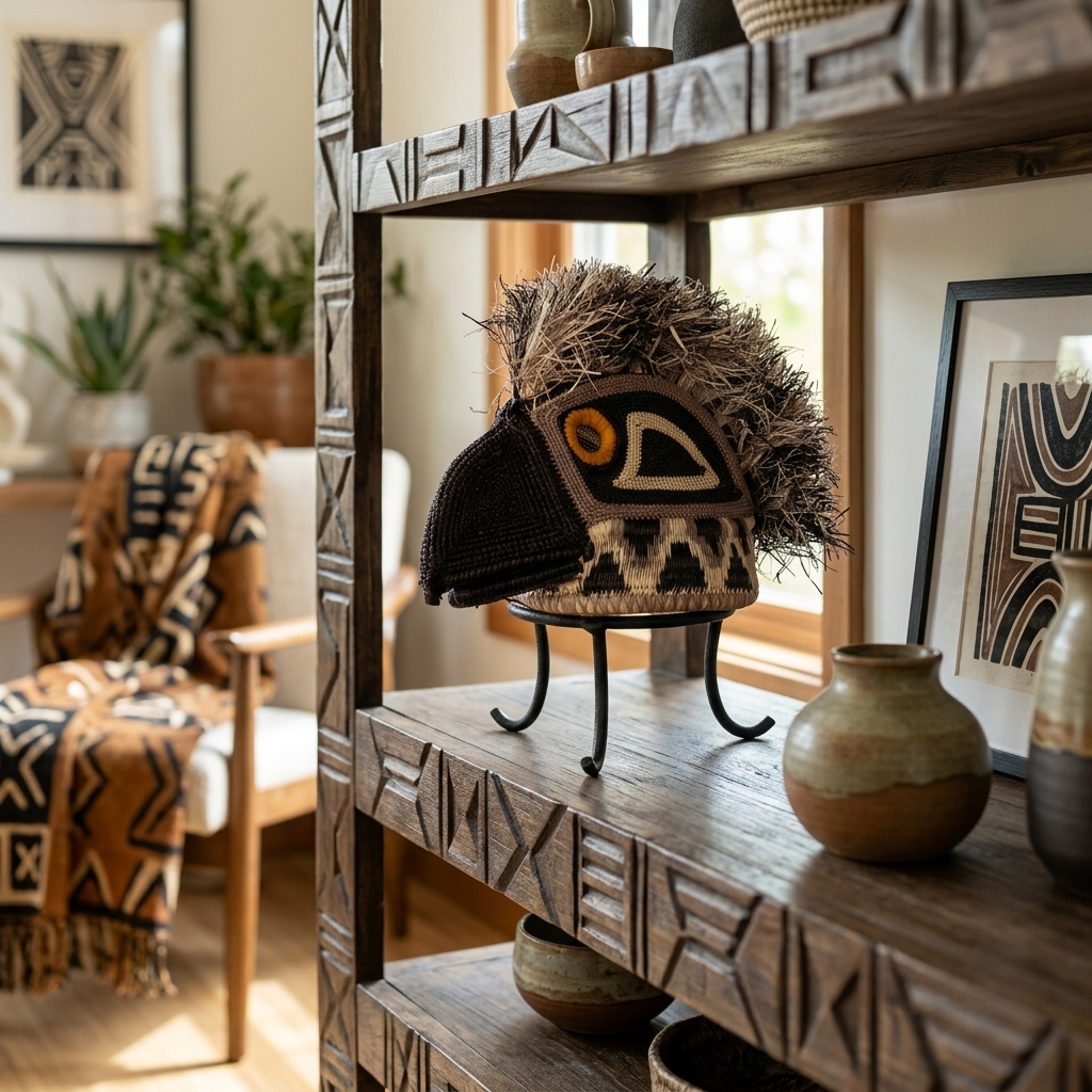 Emberá eagle mask styled as wall art in a room setting