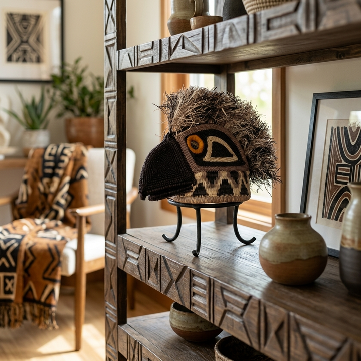 Emberá eagle mask styled as wall art in a room setting