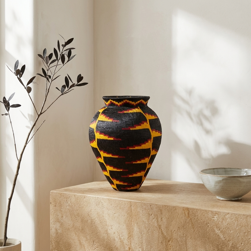 Midnight golden heliconia Wounaan basket staged on a travertine plinth