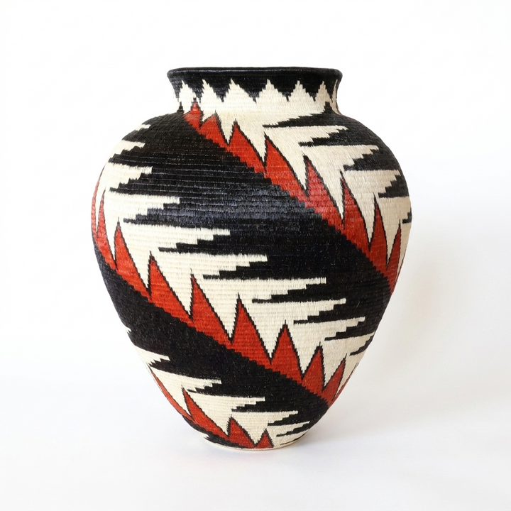 Red and black feather hosig di basket, front view