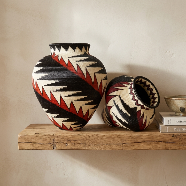Tapered Red Feather Basket - Handwoven Wounaan Art