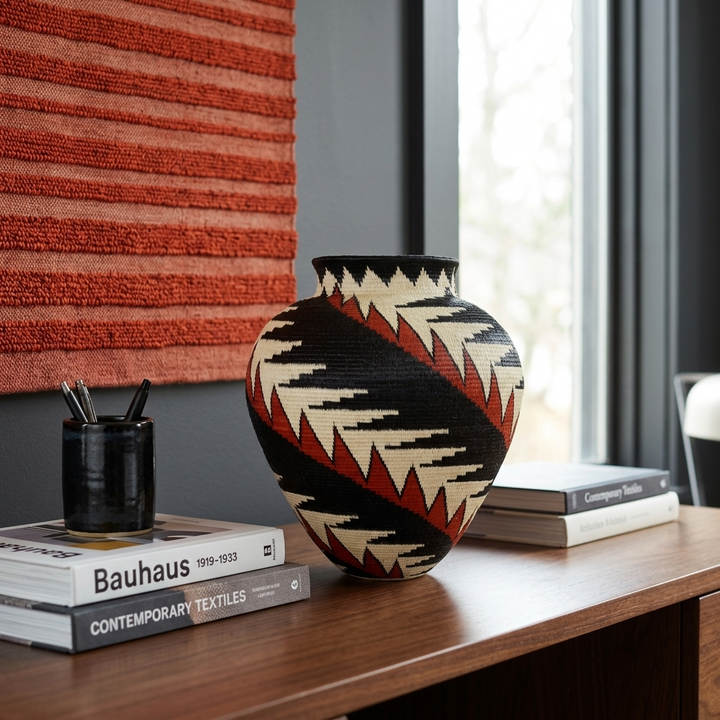 Red and black feather Wounaan basket staged on a desk