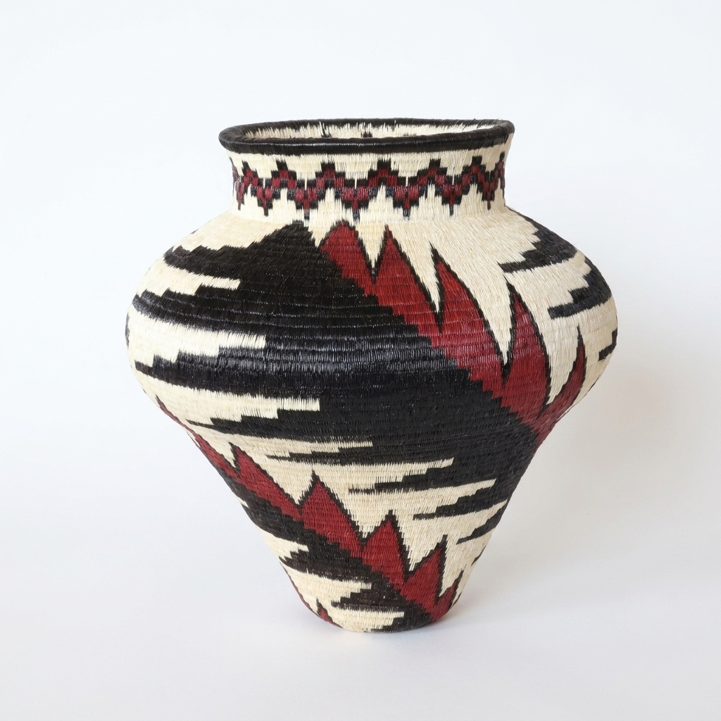 Tapered red feather hosig di basket, front view