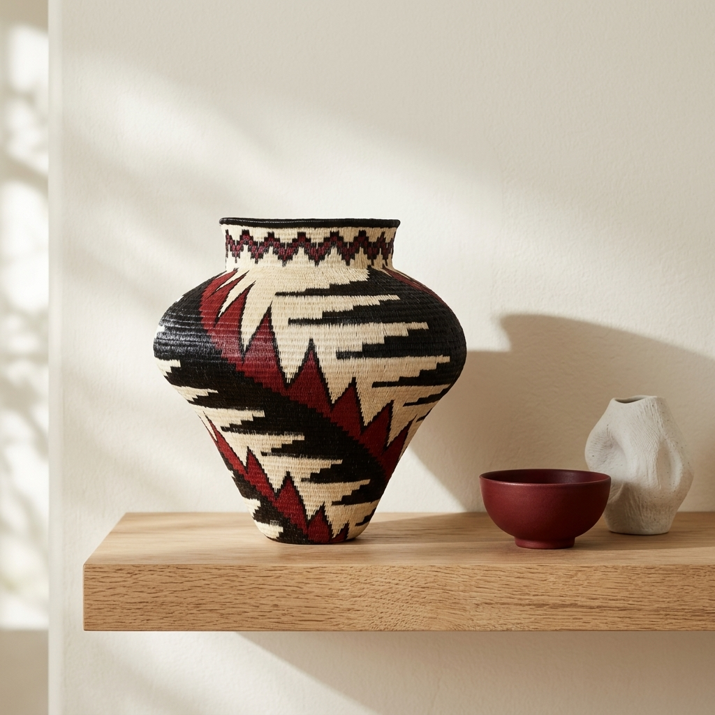 Tapered red feather Wounaan basket staged on an oak shelf