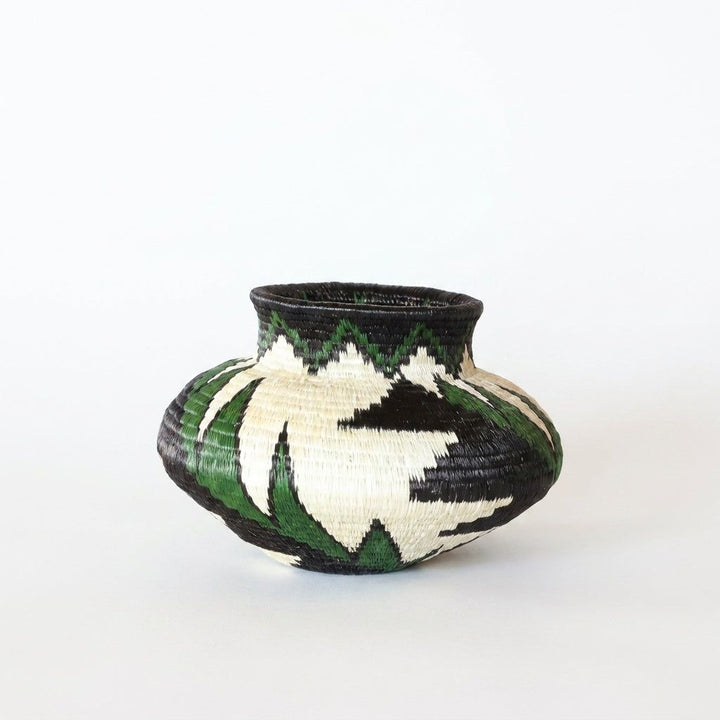 Side view of handwoven Wounaan feather basket showing green plumes and serrated collar, Darién Panama