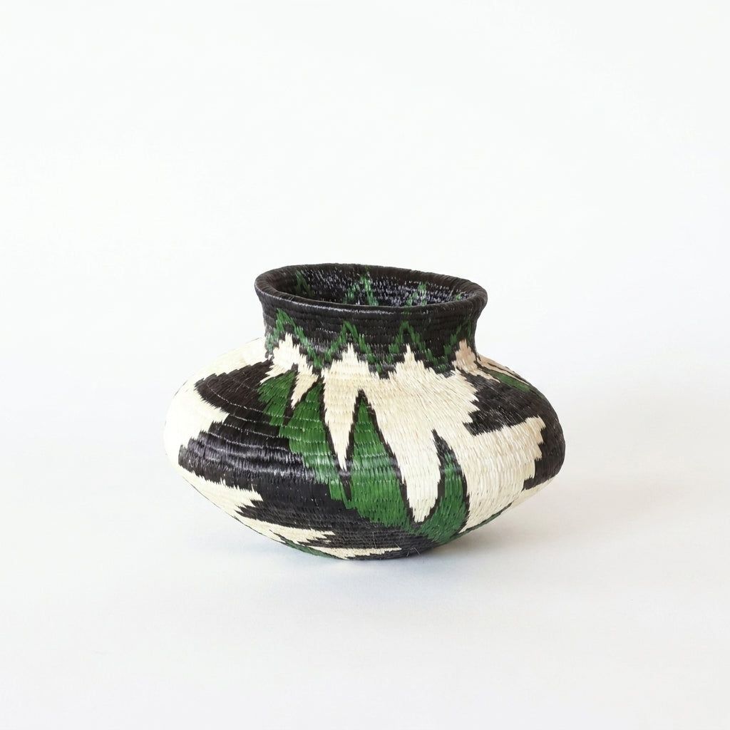 Handwoven Wounaan basket with green, black and ivory feather motif circling wide shoulder, Panama woven art