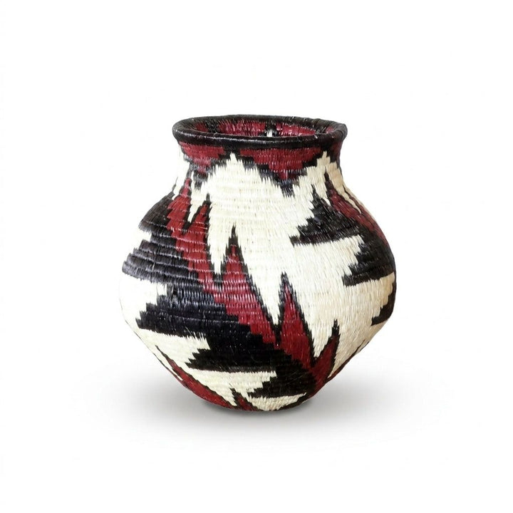 Handwoven Wounaan basket with crimson, black and ivory feather motif, decorative woven art from Darién Panama