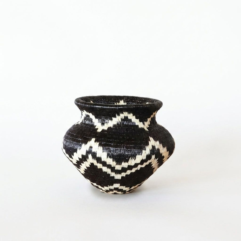 Handwoven Wounaan basket with ivory zigzag bands on black, geometric woven art from Darién, Panama