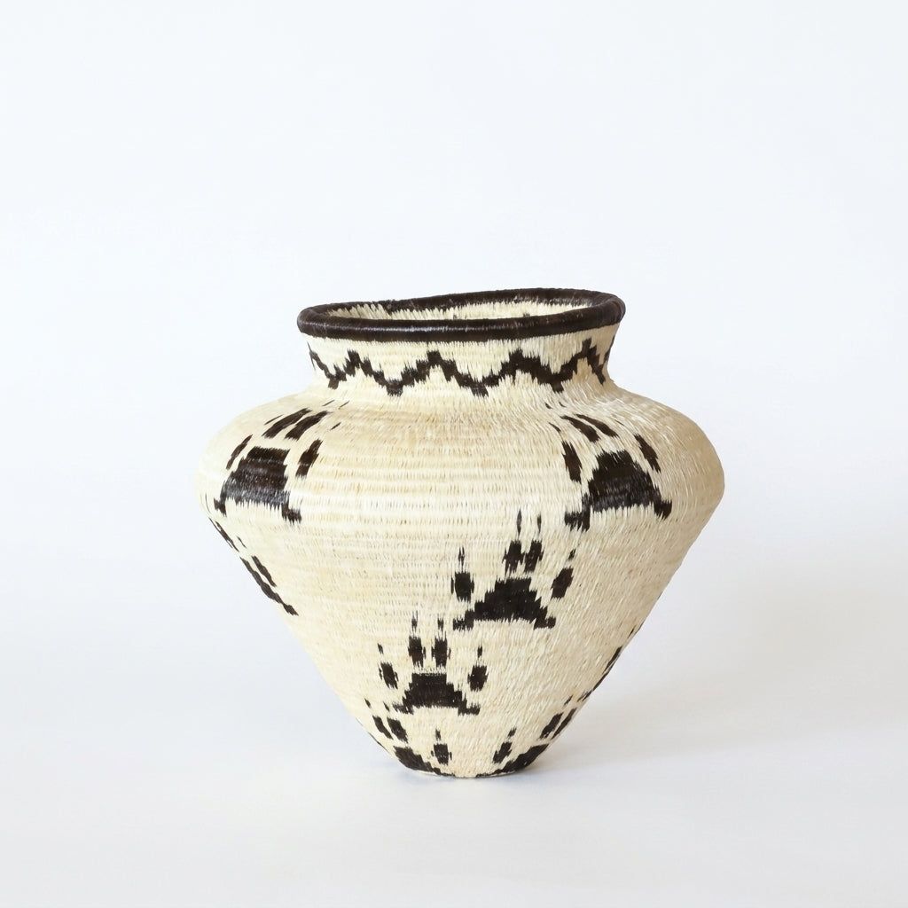 Handwoven Wounaan basket with dark jaguar paw prints climbing a cream vessel, rainforest woven art from Panama