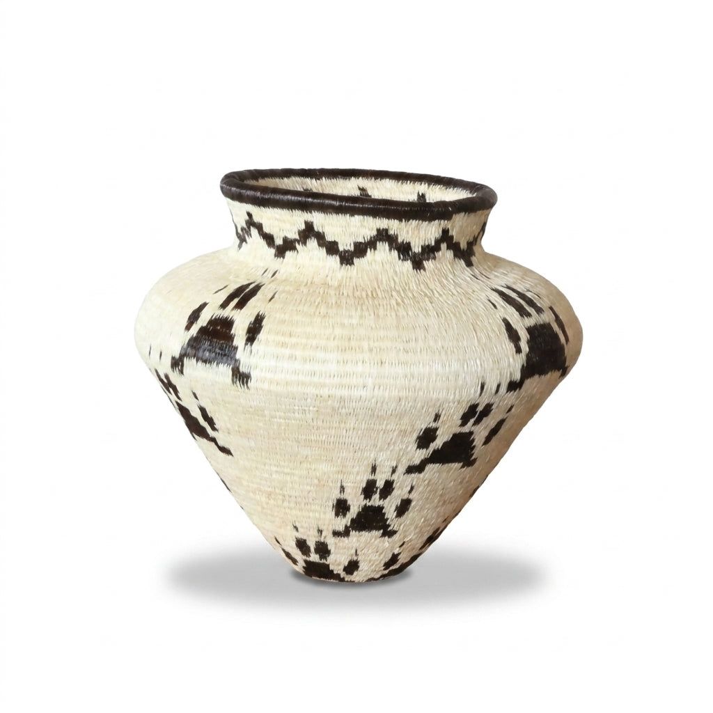 Side view of jaguar paw handwoven Wounaan basket showing brown tracks and zigzag neck band, Darién Panama