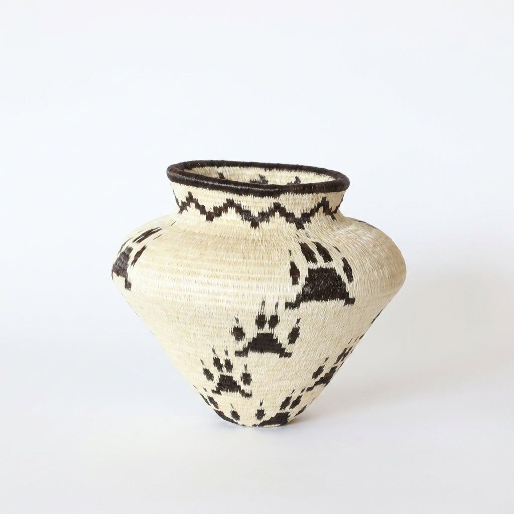 Jaguar paw print handwoven Wounaan basket in natural cream and dark brown with coiled dark rim, Panama