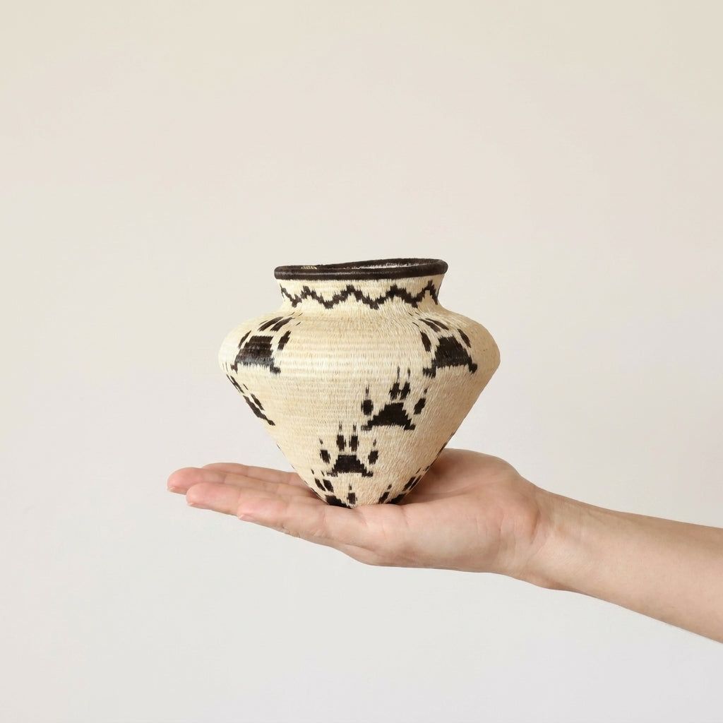 Jaguar paw handwoven Wounaan basket held in hand showing miniature scale, about 5 inches tall