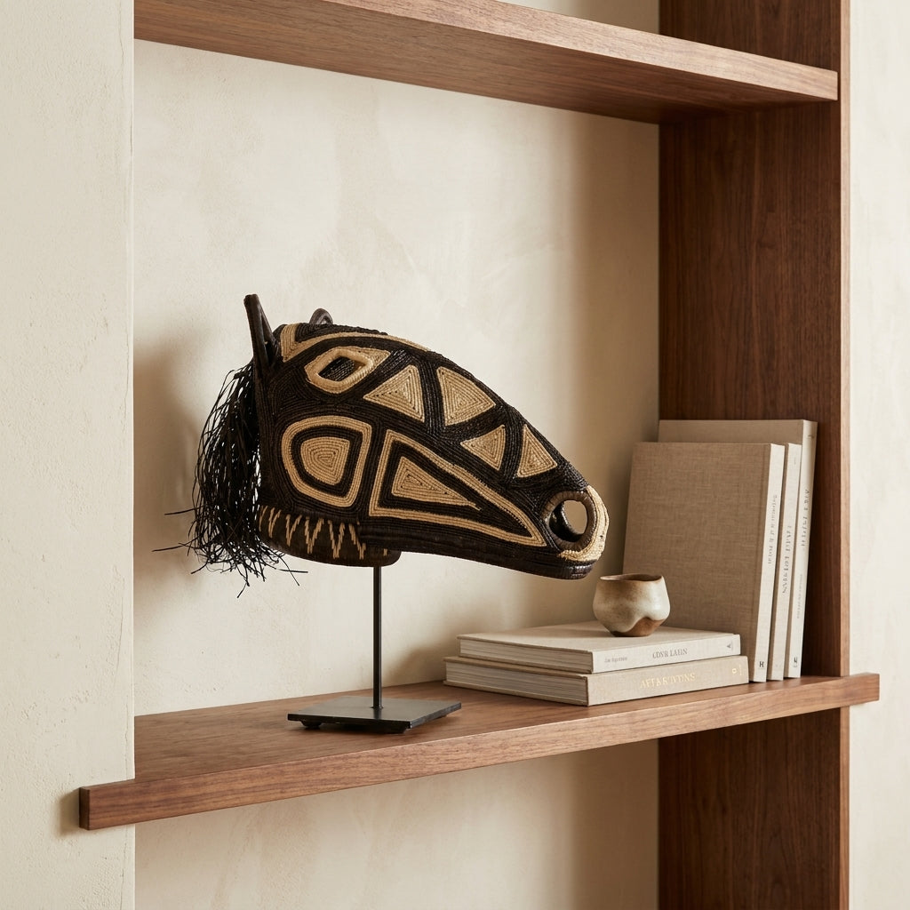 Dark geometry horse mask displayed on shelf, handwoven Emberá palm fiber art from Panama