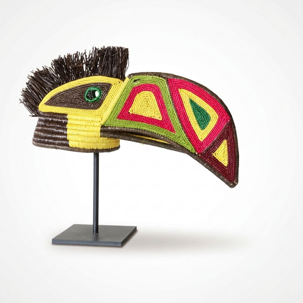 Handwoven Emberá toucan mask, crimson, yellow and green geometric beak with yellow beaded face, from Panama