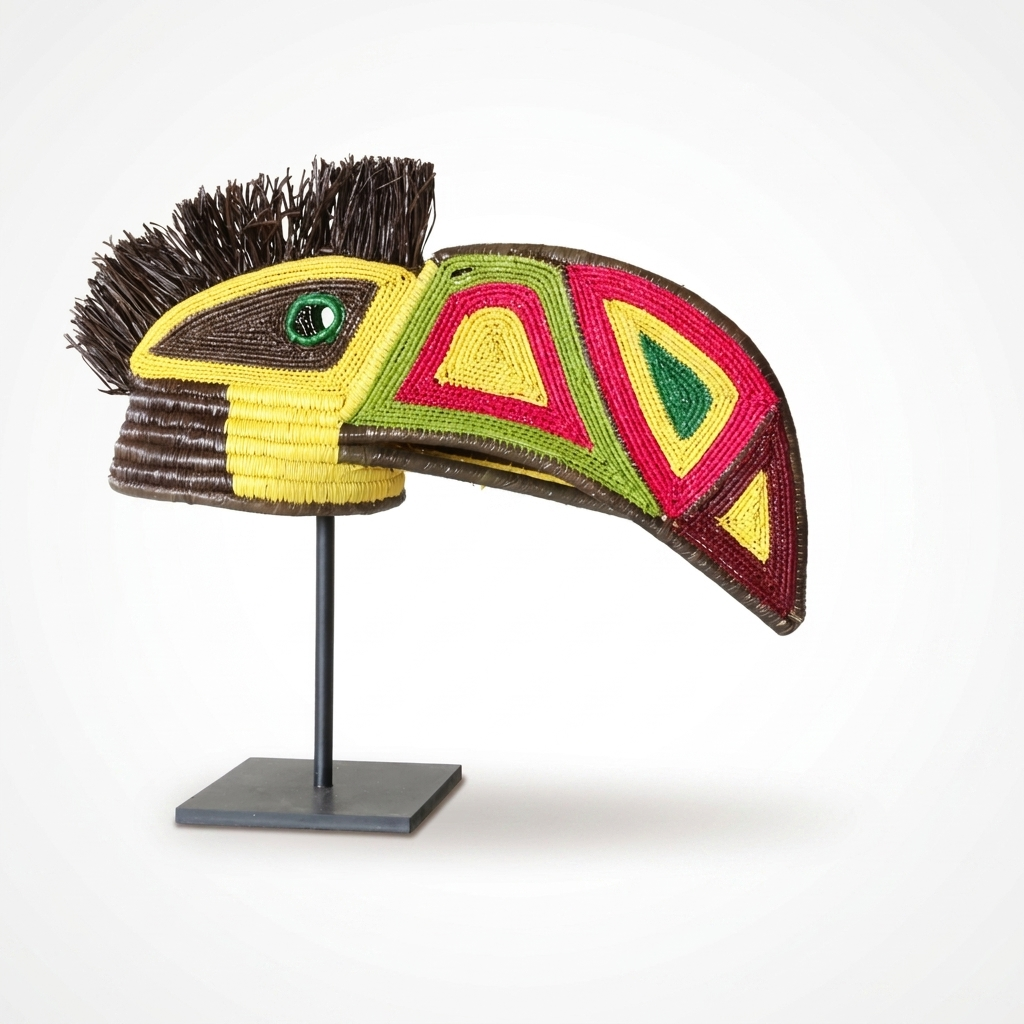 Handwoven Emberá toucan mask, crimson, yellow and green geometric beak with yellow beaded face, from Panama