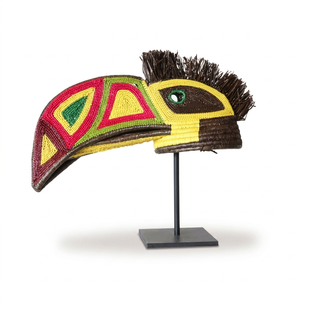 Emberá toucan woven mask profile showing red, green and yellow beadwork and natural dyes, Darién Panama