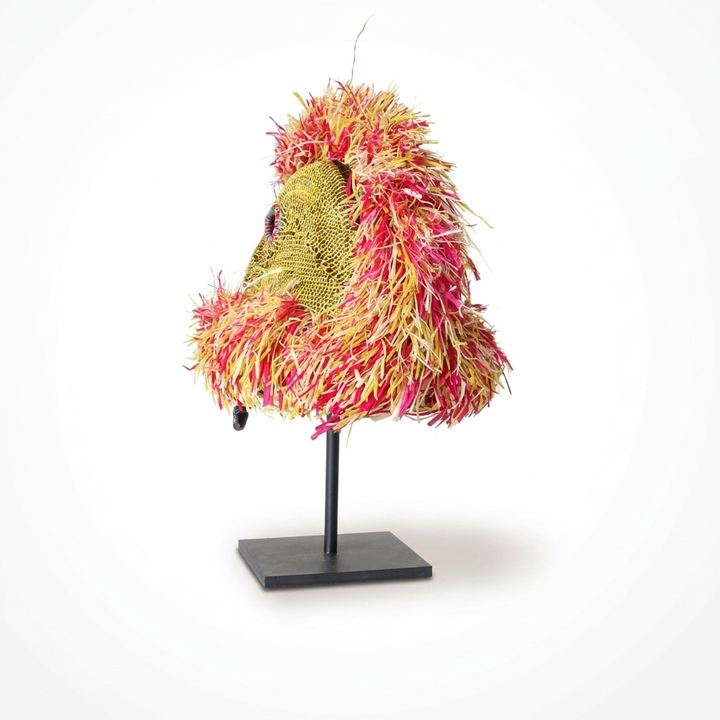Emberá parrot woven mask profile with golden beaded face and natural-tan hooked beak, Darién Panama