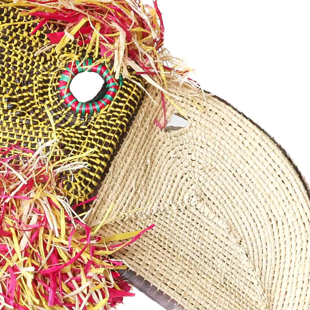 Close-up detail of beadwork and raffia on handwoven Emberá parrot spirit mask