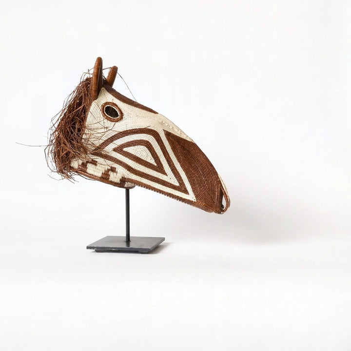 Warm-eye horse mask, cream and brown geometric palm fiber