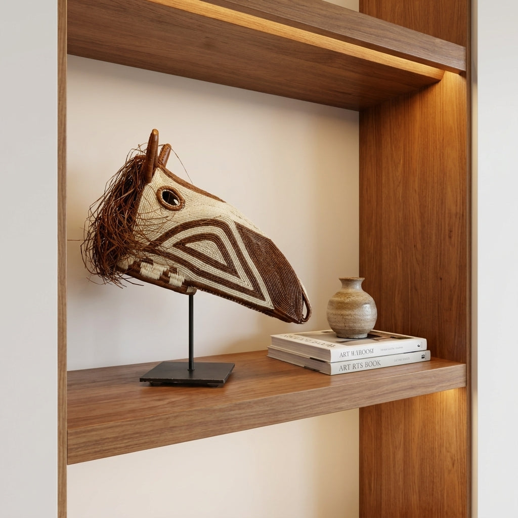 Warm-eye horse mask on shelf, cream and brown Emberá woven palm fiber art