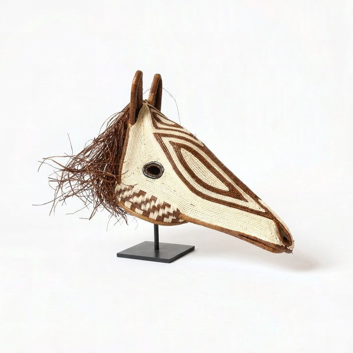 Chevron horse mask, ivory palm fiber with brown chevron eye patterns