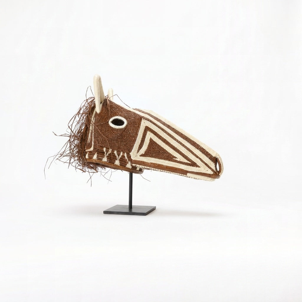 Chestnut horse mask, deep brown palm fiber with cream triangle accents