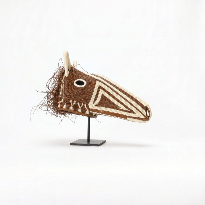 Chestnut horse mask, deep brown palm fiber with cream triangle accents