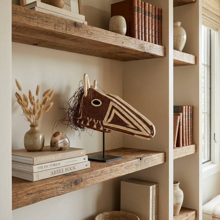 Chestnut horse mask on rustic shelf, rich brown Emberá woven palm fiber art