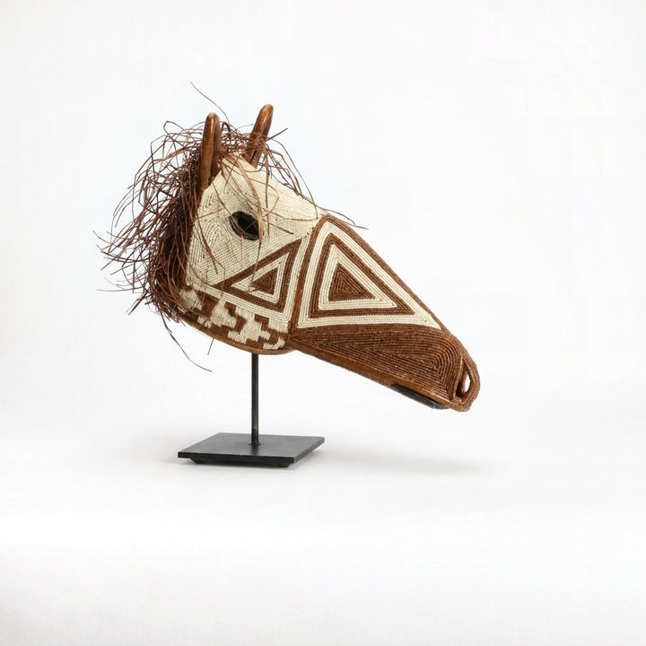 Triangle horse mask, cream palm fiber with layered brown triangle geometry