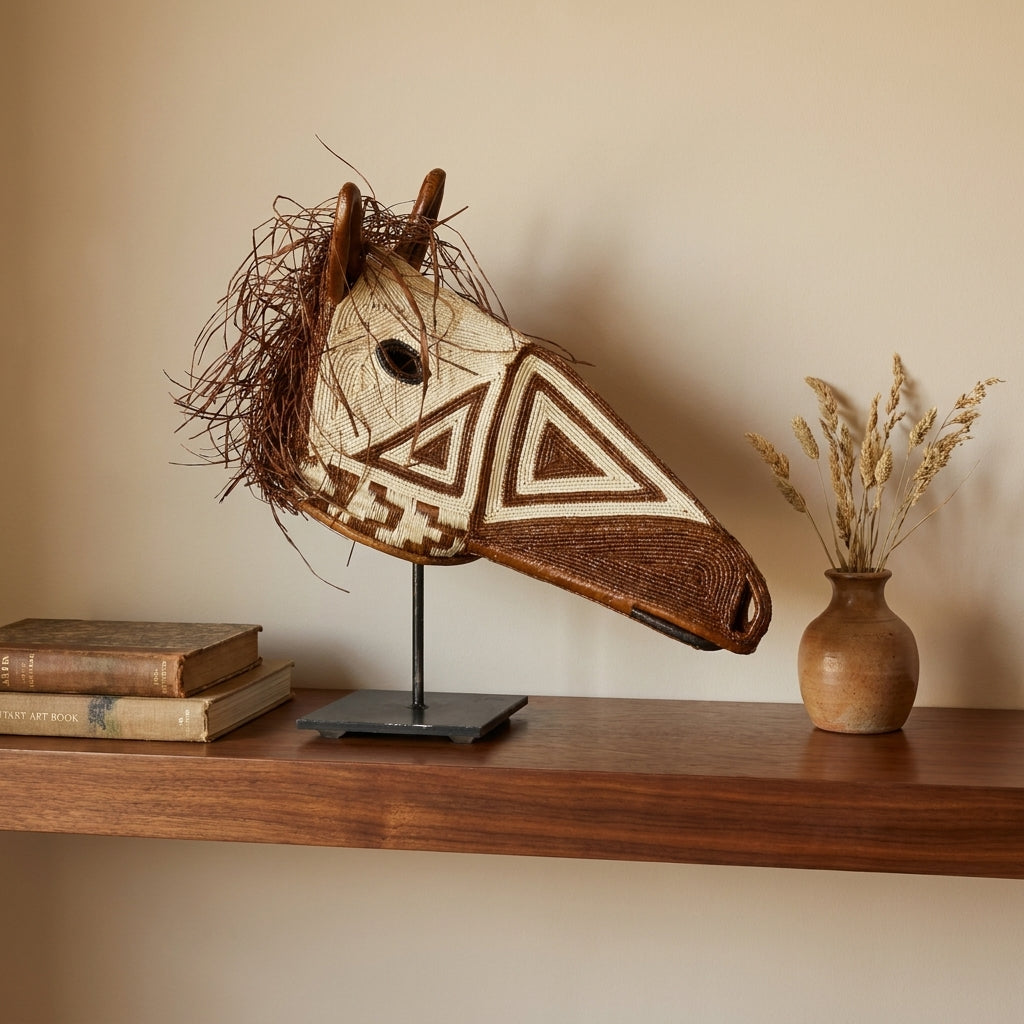 Triangle horse mask on shelf, cream face with brown triangle patterns, Emberá art