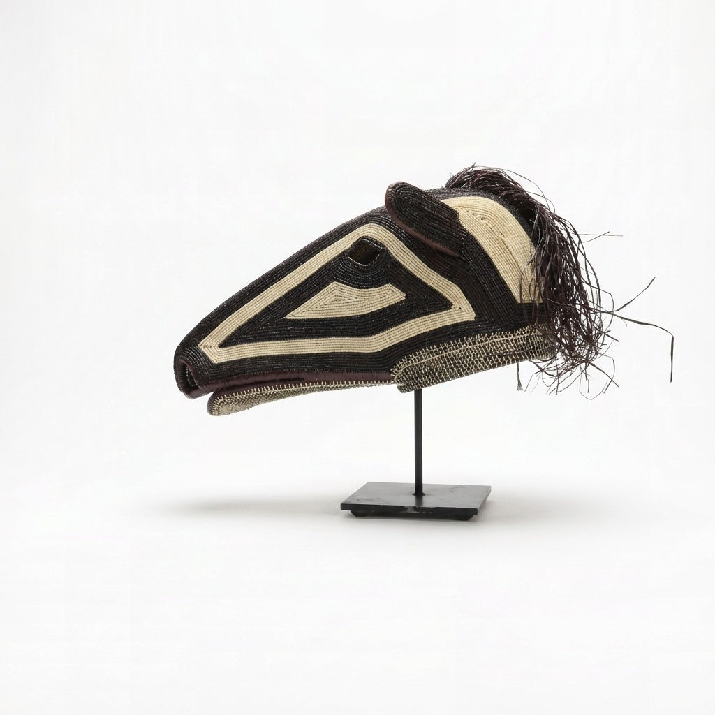Dark spirit horse mask, deep espresso palm fiber with ivory eye triangles