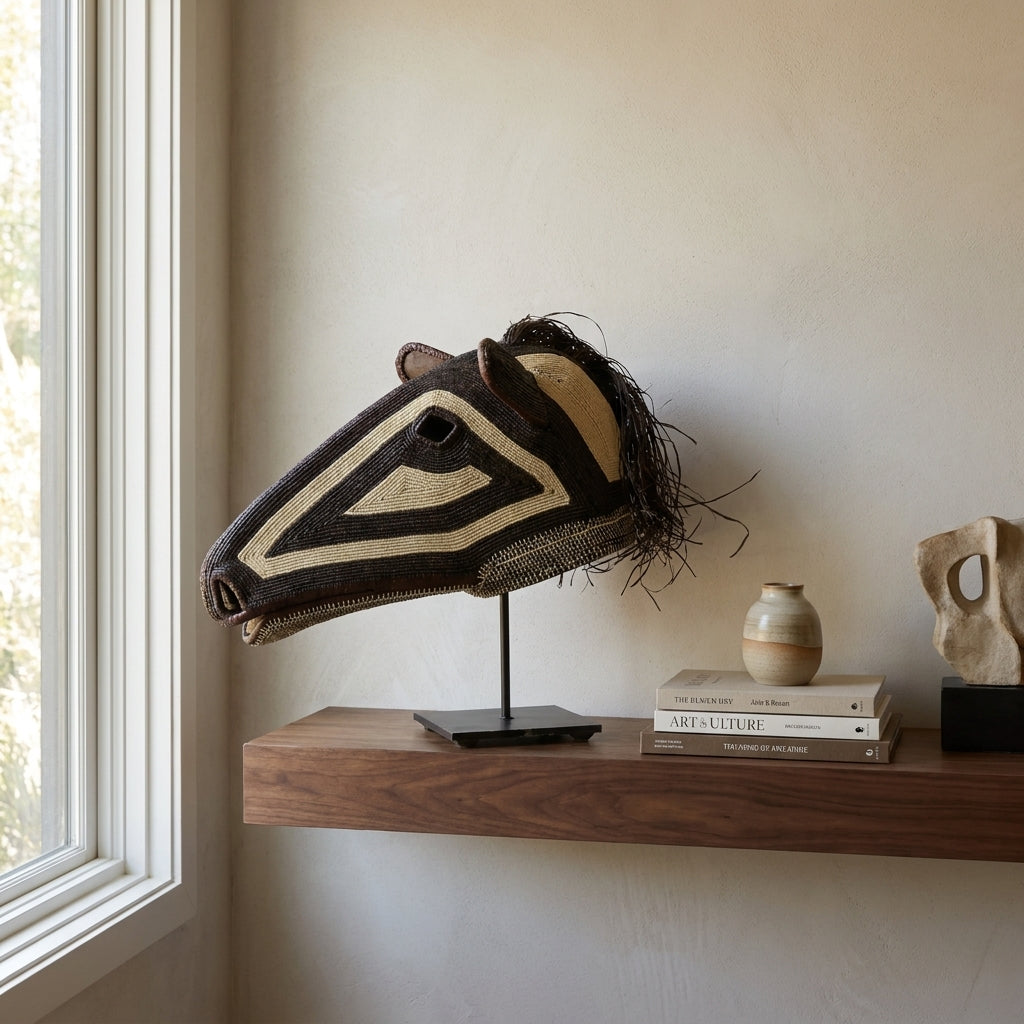 Dark spirit horse mask on shelf, deep brown with ivory triangle eyes, Emberá art