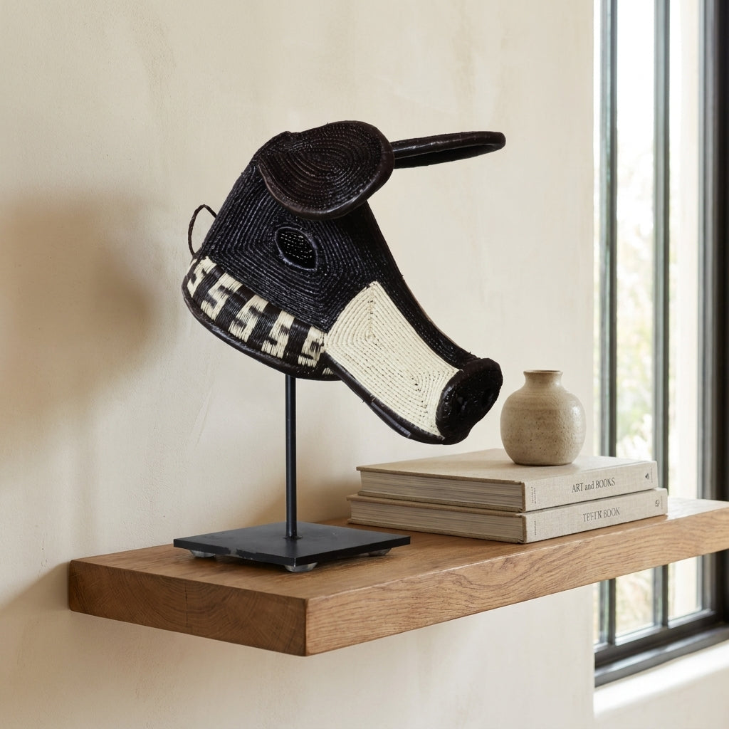 Black scroll dog mask on shelf, black and white S-scroll pattern Emberá art