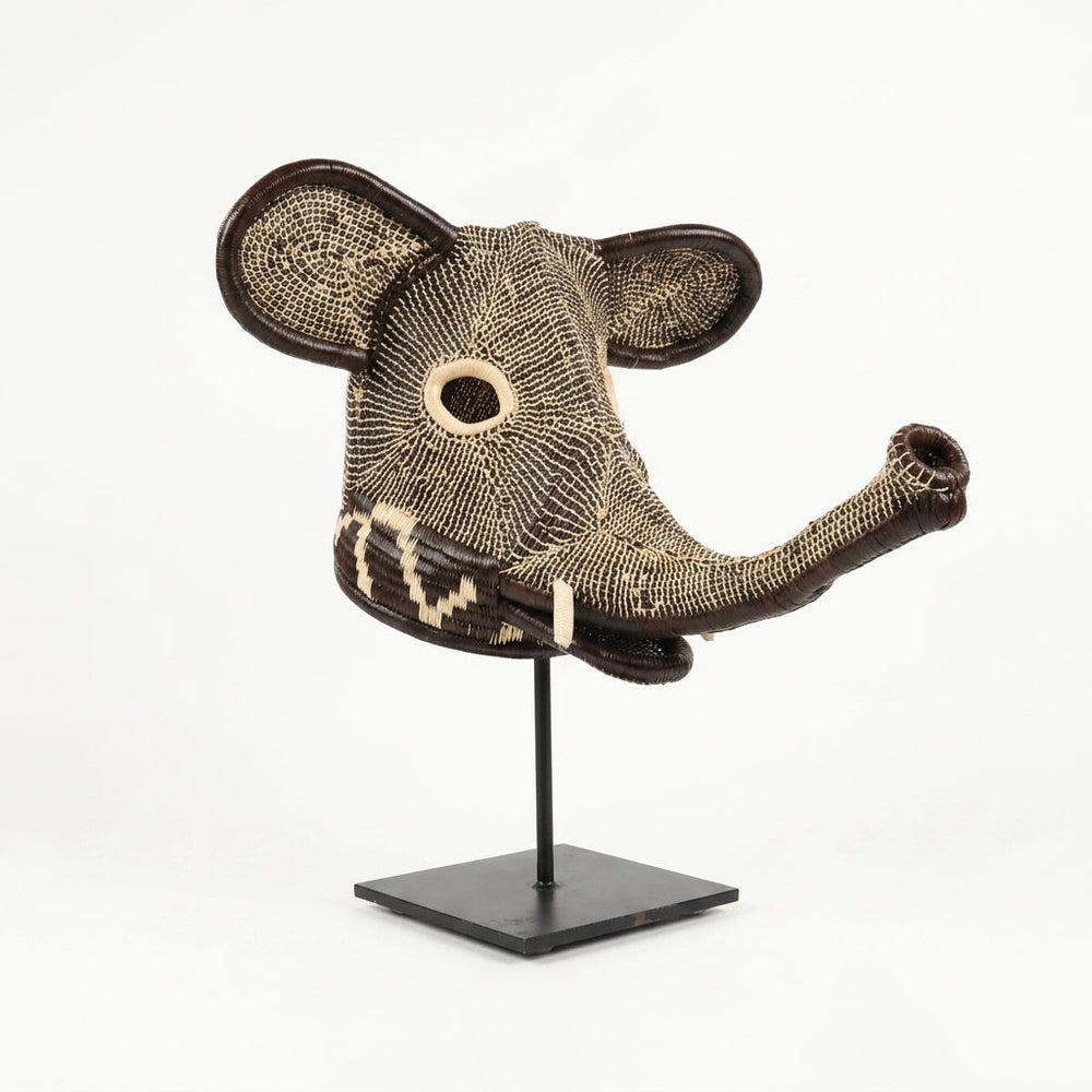 Emberá elephant mask alternate view, woven trunk and curved tusks, Darién Panama