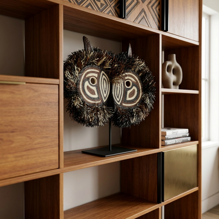 Emberá owl mask styled as wall art in a room setting