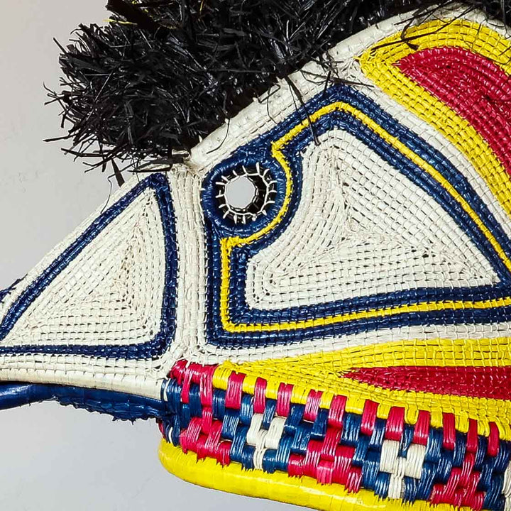 Detail of the multicolor geometric beadwork on an Emberá hummingbird mask