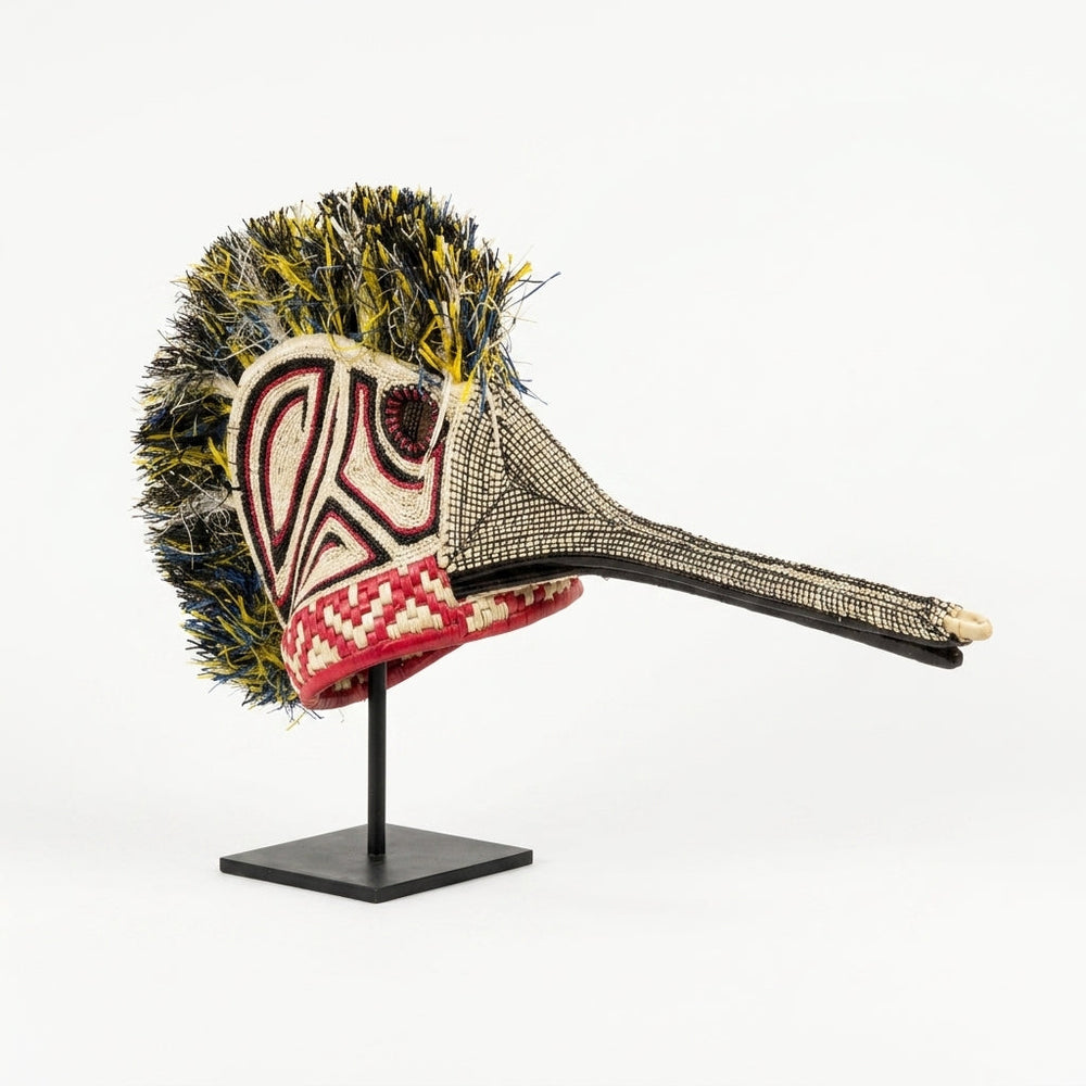 Emberá crimson hummingbird mask alternate view, gold and navy crest, Darién Panama