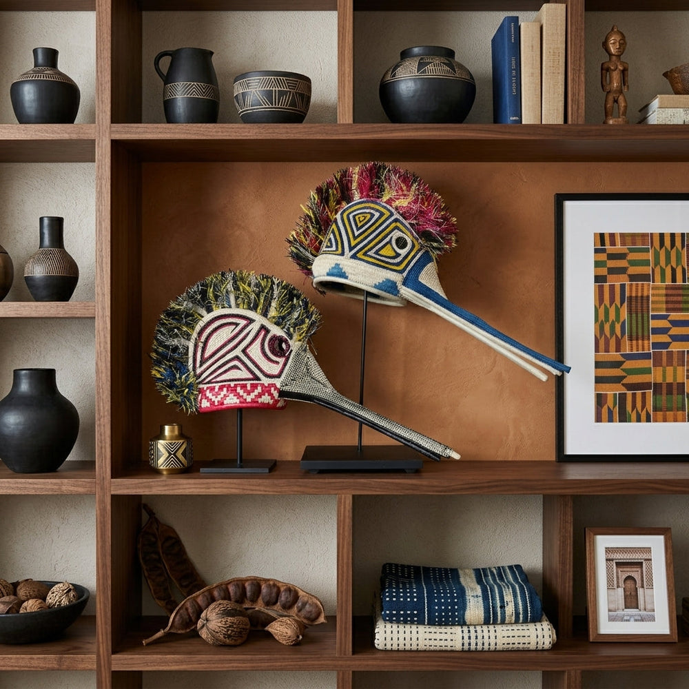Two handwoven Emberá hummingbird masks shown together, Darién Panama