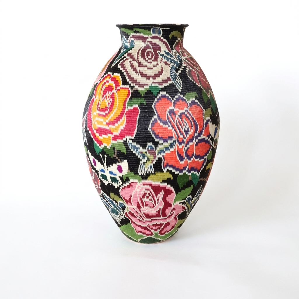 Floral on black hosig di basket, front view