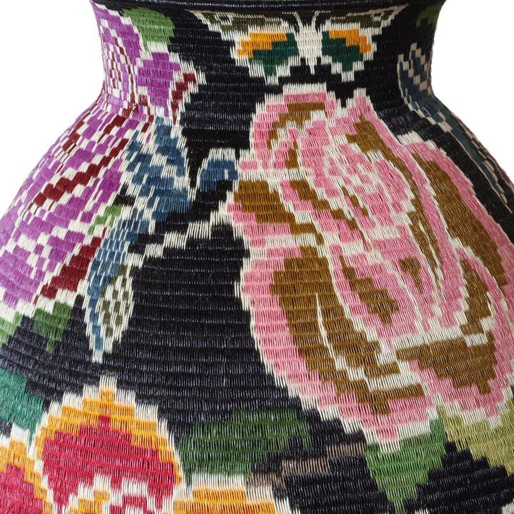 Detail of rose and butterfly stitching