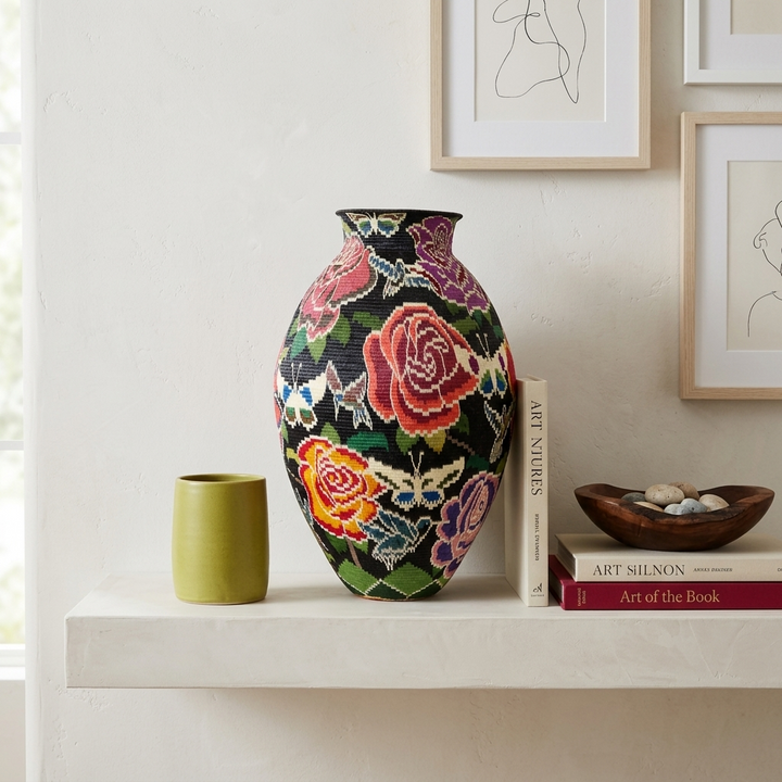 Floral on black Wounaan basket staged on a mantel
