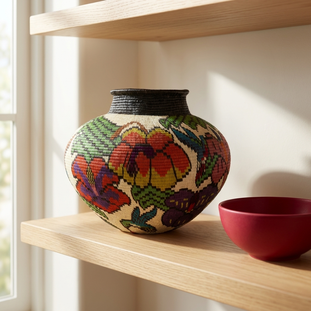 Floral Wounaan basket staged on a wooden shelf