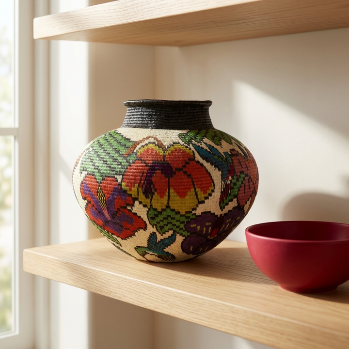 Floral Wounaan basket staged on a wooden shelf