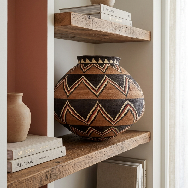 Ember sunburst Wounaan basket staged on reclaimed wood shelves