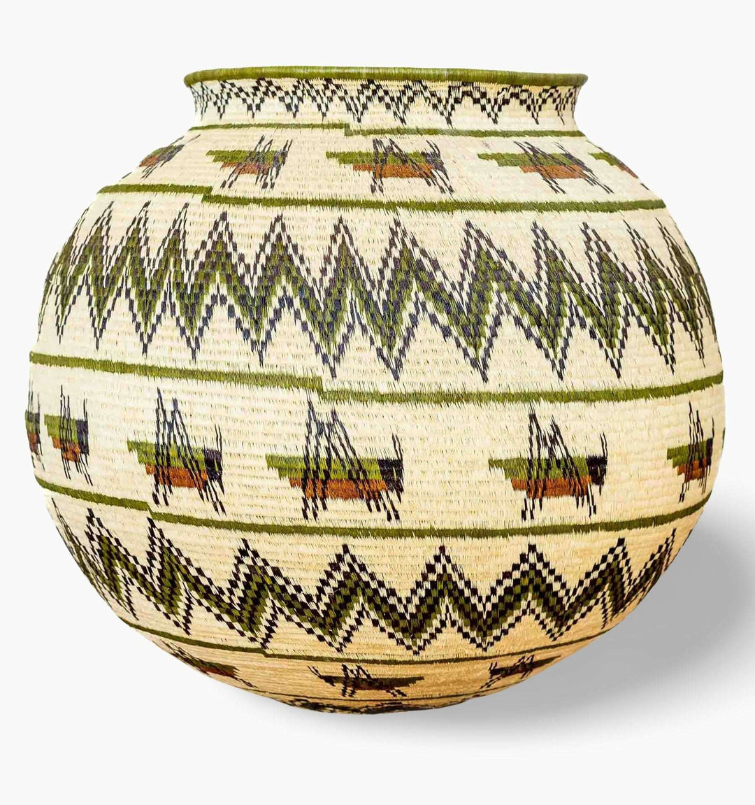 Side view decorative woven basket showing traditional Wounaan grasshopper dance patterns from Panama